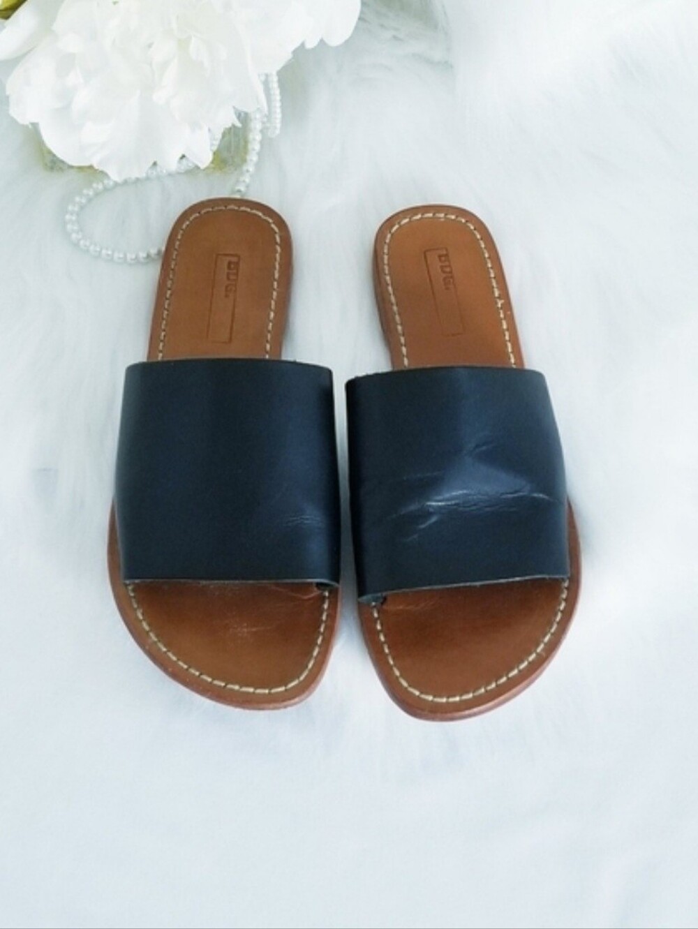 BDG Black Leather Slide Sandals with Brown Footbed